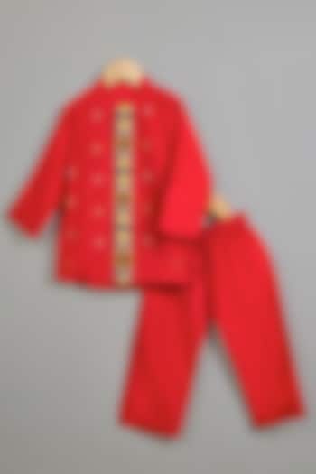 Red Viscose Silk Embroidered Kurta Set For Boys by Poochkie at Pernia's Pop Up Shop