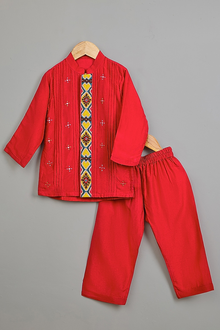 Red Viscose Silk Embroidered Kurta Set For Boys by Poochkie at Pernia's Pop Up Shop