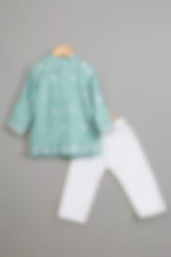 Sea Green Viscose Silk Embroidered Kurta Set For Boys by Poochkie at Pernia's Pop Up Shop