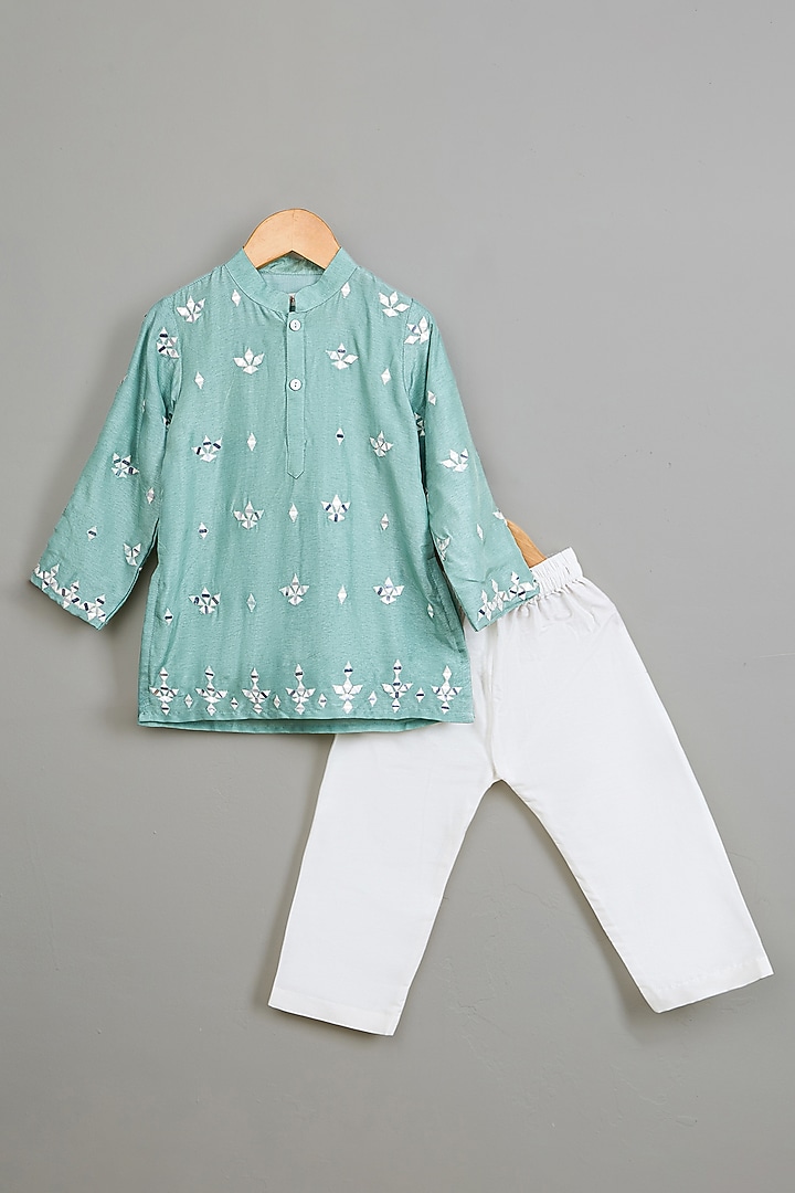 Sea Green Viscose Silk Embroidered Kurta Set For Boys by Poochkie at Pernia's Pop Up Shop