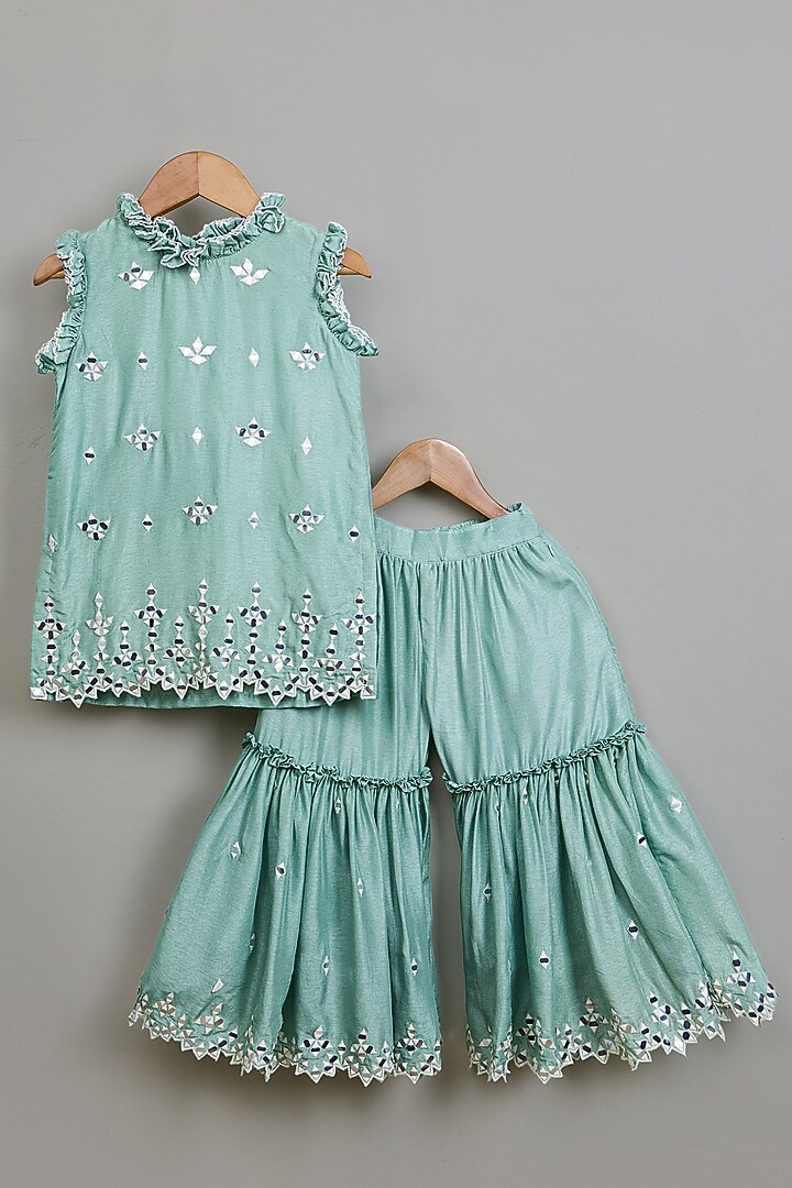 Sea Green Viscose Silk Sharara Set For Girls by Poochkie at Pernia's Pop Up Shop