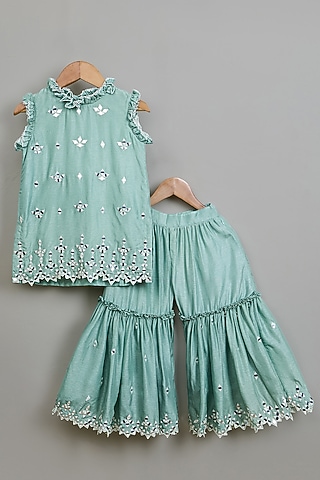 Sea Green Viscose Silk Sharara Set For Girls by Poochkie