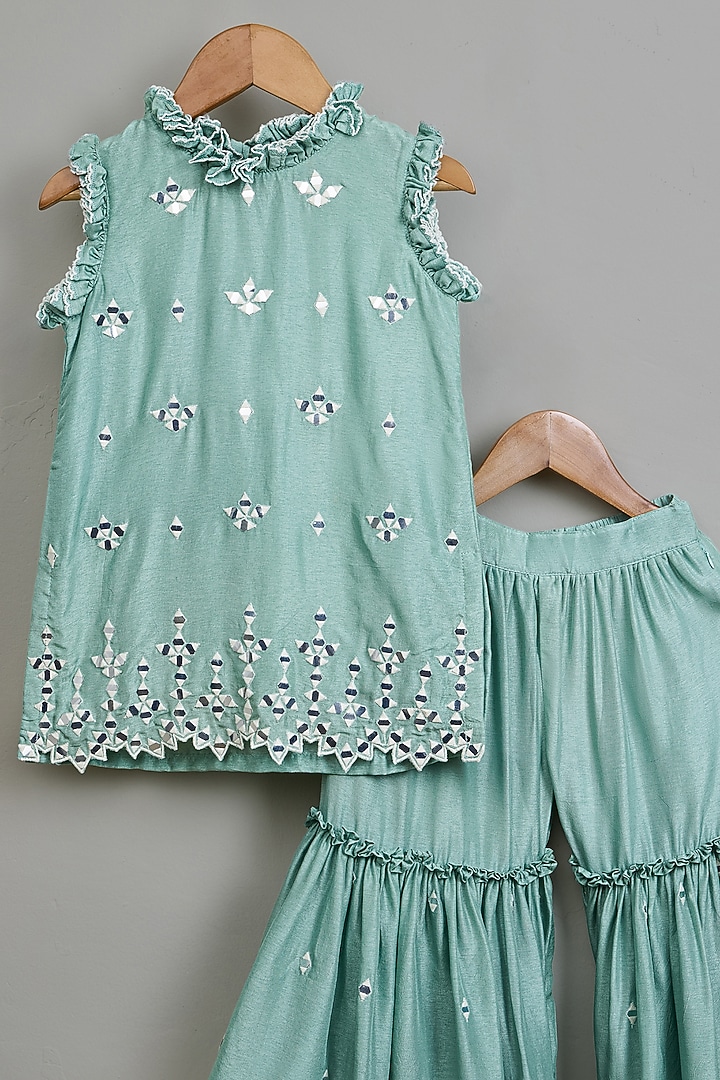 Sea Green Viscose Silk Sharara Set For Girls by Poochkie at Pernia's Pop Up Shop