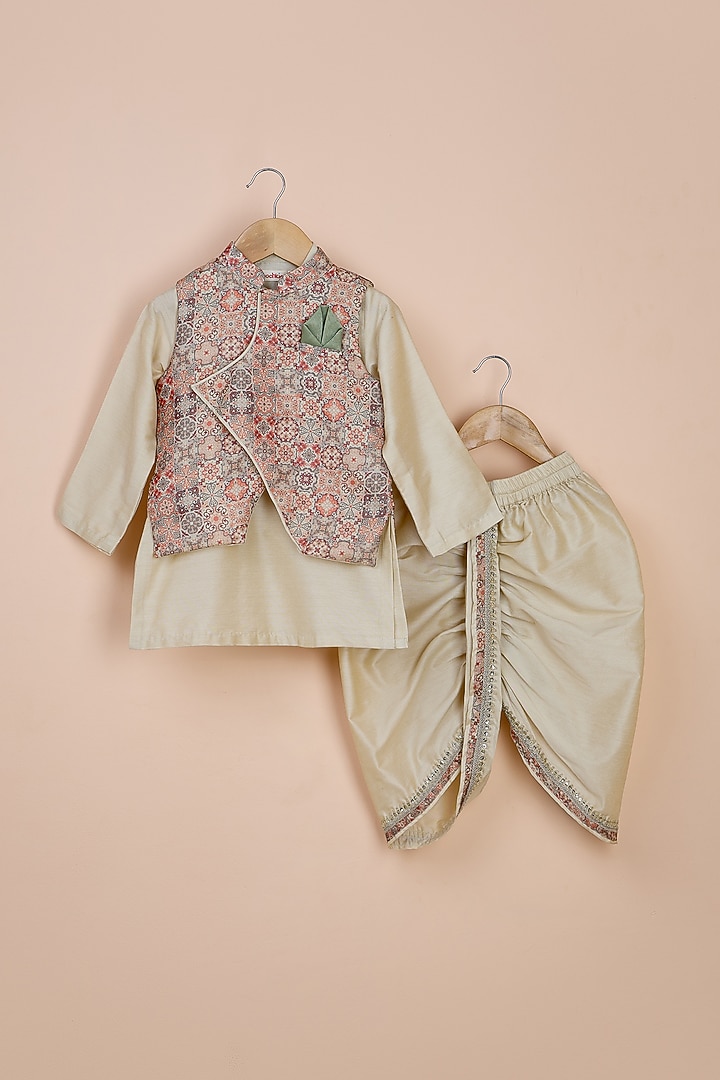Beige Chanderi Printed Jacket Set For Boys by Poochkie at Pernia's Pop Up Shop