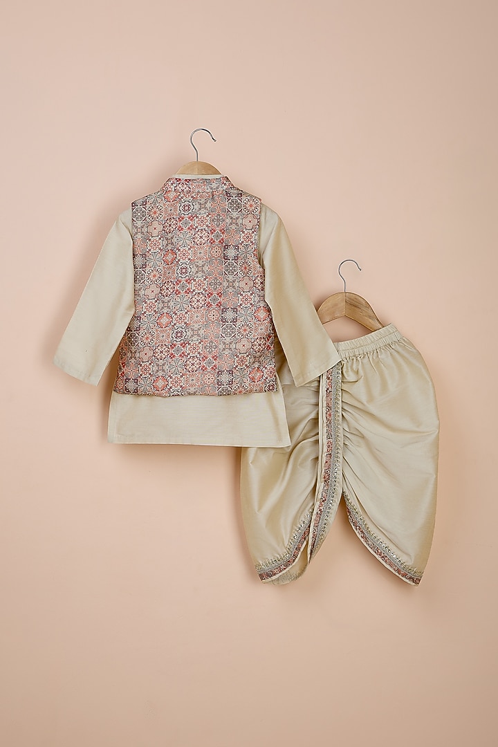 Beige Chanderi Printed Jacket Set For Boys by Poochkie at Pernia's Pop Up Shop