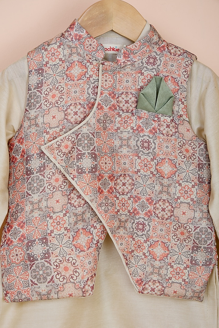 Beige Chanderi Printed Jacket Set For Boys by Poochkie at Pernia's Pop Up Shop