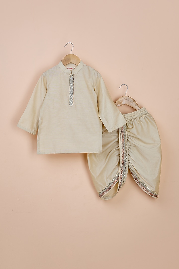 Beige Chanderi Printed Jacket Set For Boys by Poochkie at Pernia's Pop Up Shop