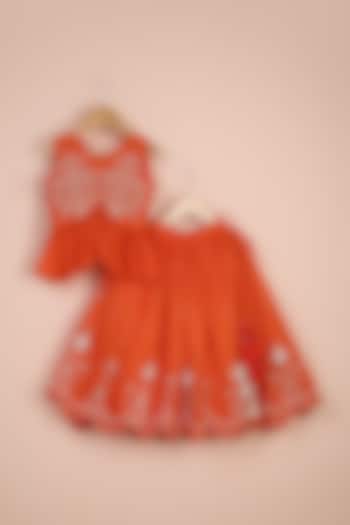 Orange Silk Thread Work Pleated Lehenga Set For Girls by Poochkie at Pernia's Pop Up Shop