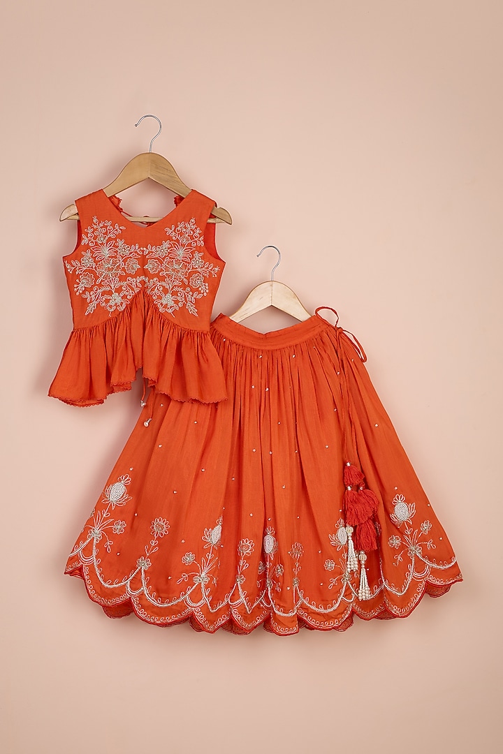 Orange Silk Thread Work Pleated Lehenga Set For Girls by Poochkie at Pernia's Pop Up Shop