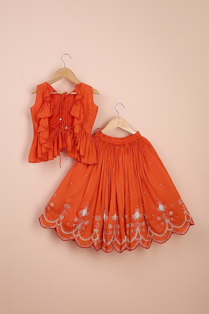 Orange Silk Thread Work Pleated Lehenga Set For Girls by Poochkie at Pernia's Pop Up Shop