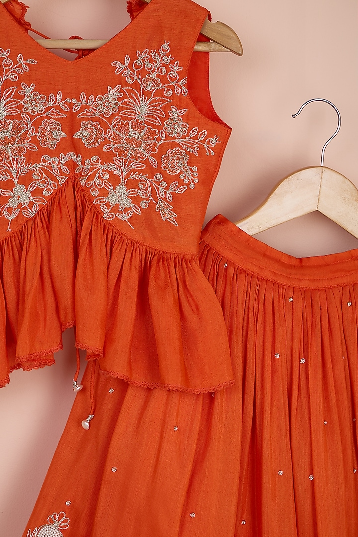 Orange Silk Thread Work Pleated Lehenga Set For Girls by Poochkie at Pernia's Pop Up Shop