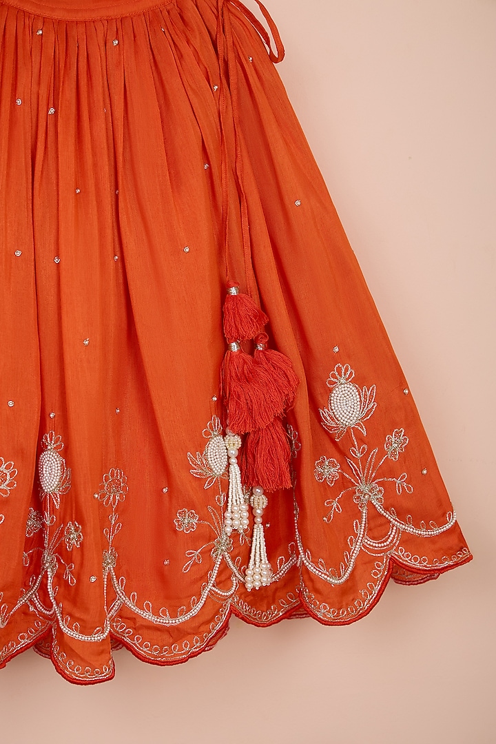 Orange Silk Thread Work Pleated Lehenga Set For Girls by Poochkie at Pernia's Pop Up Shop