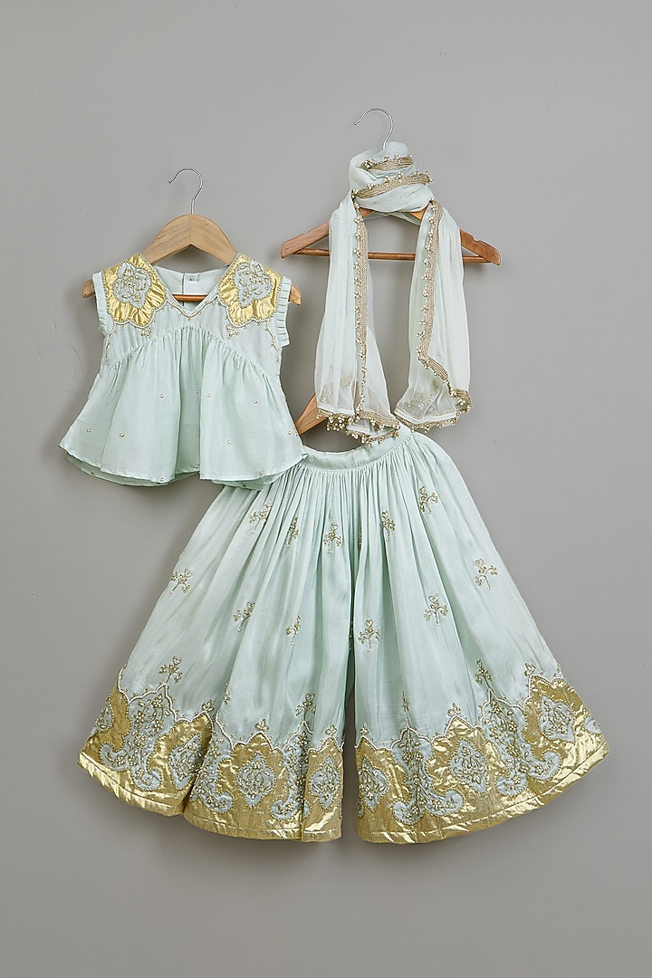 Powder Blue Viscose Silk Thread Work Flared Palazzo Set For Girls by Poochkie at Pernia's Pop Up Shop