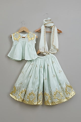 Powder Blue Viscose Silk Thread Work Flared Palazzo Set For Girls by Poochkie