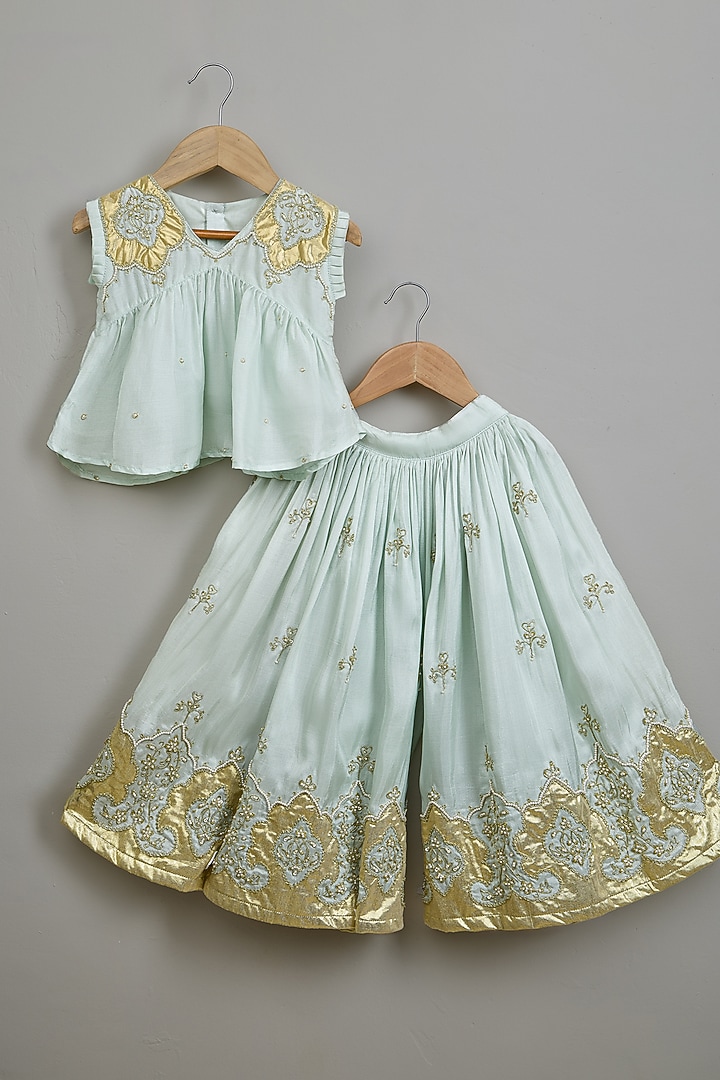 Powder Blue Viscose Silk Thread Work Flared Palazzo Set For Girls by Poochkie at Pernia's Pop Up Shop