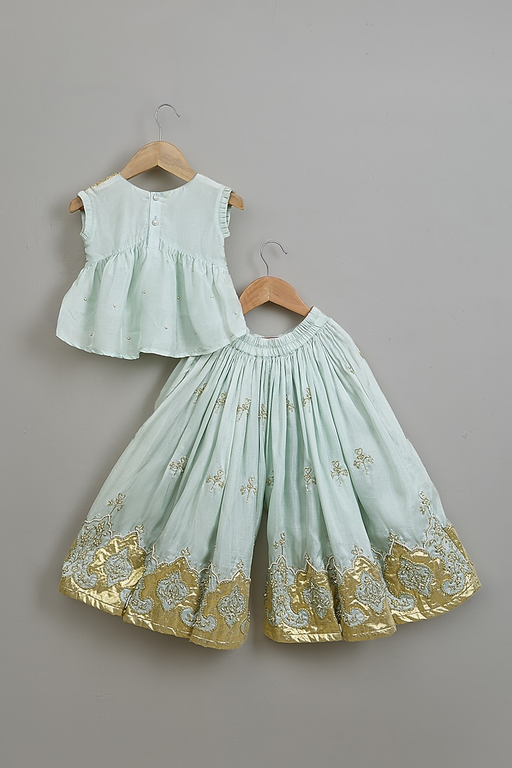 Powder Blue Viscose Silk Thread Work Flared Palazzo Set For Girls by Poochkie at Pernia's Pop Up Shop
