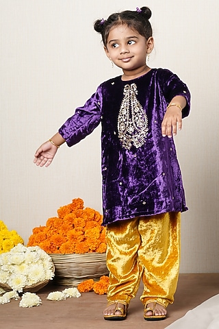 Purple Velvet Zardosi Embroidered Kurta Set For Girls by Poochkie