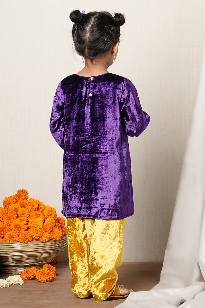 Purple Velvet Zardosi Embroidered Kurta Set For Girls by Poochkie at Pernia's Pop Up Shop