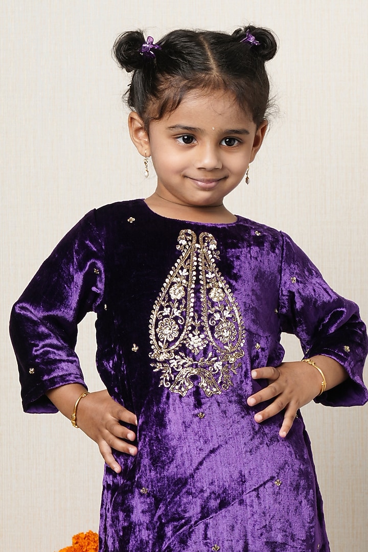 Purple Velvet Zardosi Embroidered Kurta Set For Girls by Poochkie at Pernia's Pop Up Shop