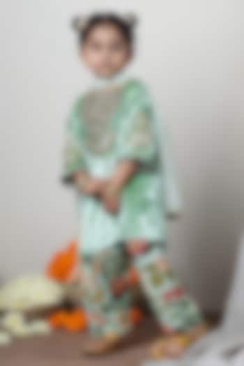 Mint Green Velvet Thread Hand Embroidered Kurta Set For Girls by Poochkie at Pernia's Pop Up Shop