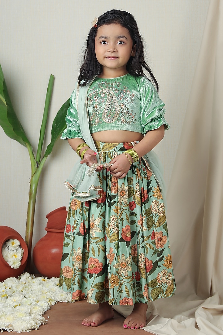 Multi-Colored Cotton Floral Printed Lehenga Set For Girls by Poochkie at Pernia's Pop Up Shop