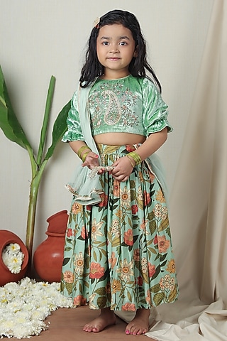 Multi-Colored Cotton Floral Printed Lehenga Set For Girls by Poochkie