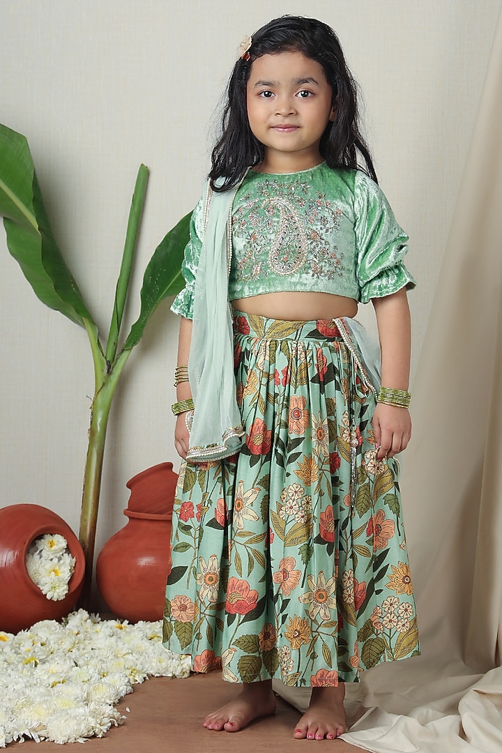 Multi-Colored Cotton Floral Printed Lehenga Set For Girls by Poochkie at Pernia's Pop Up Shop