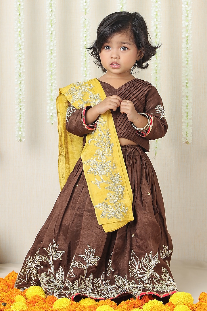 Brown Silk Floral Embroidered Lehenga Set For Girls by Poochkie at Pernia's Pop Up Shop