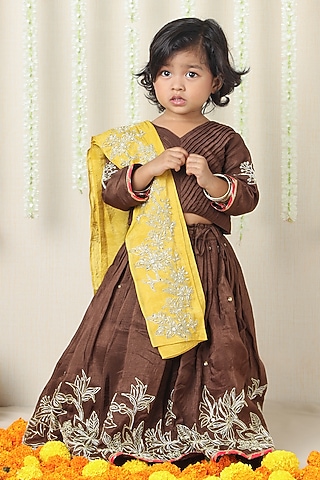 Brown Silk Floral Embroidered Lehenga Set For Girls by Poochkie