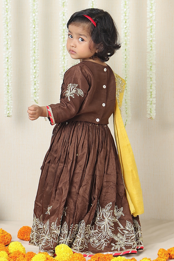Brown Silk Floral Embroidered Lehenga Set For Girls by Poochkie at Pernia's Pop Up Shop