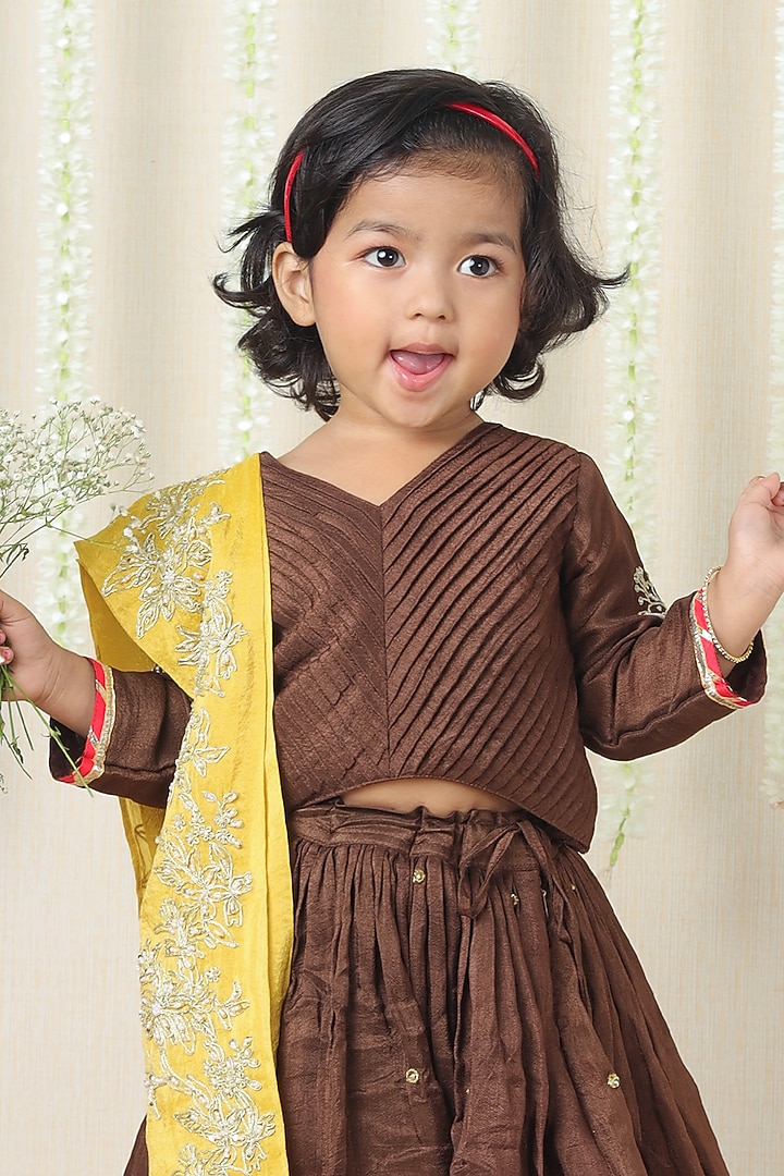 Brown Silk Floral Embroidered Lehenga Set For Girls by Poochkie at Pernia's Pop Up Shop