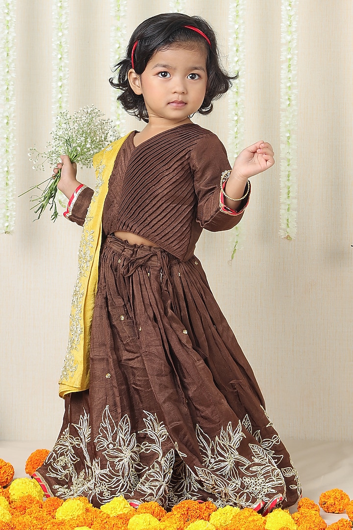 Brown Silk Floral Embroidered Lehenga Set For Girls by Poochkie at Pernia's Pop Up Shop