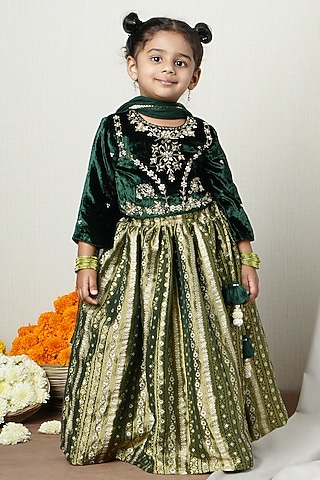 Gold Velvet Brocade Flared Lehenga Set For Girls by Poochkie