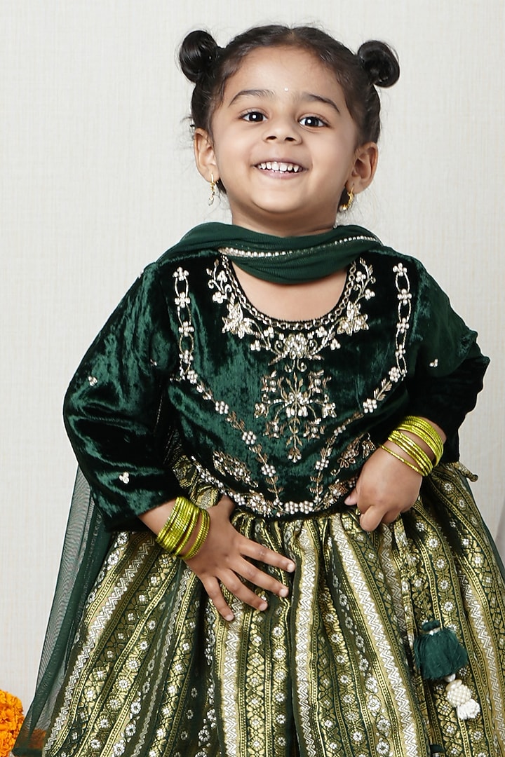 Gold Velvet Brocade Flared Lehenga Set For Girls by Poochkie at Pernia's Pop Up Shop