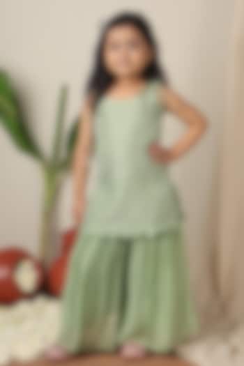 Turquoise Green Silk Hand Embroidered Kurta Set For Girls by Poochkie at Pernia's Pop Up Shop