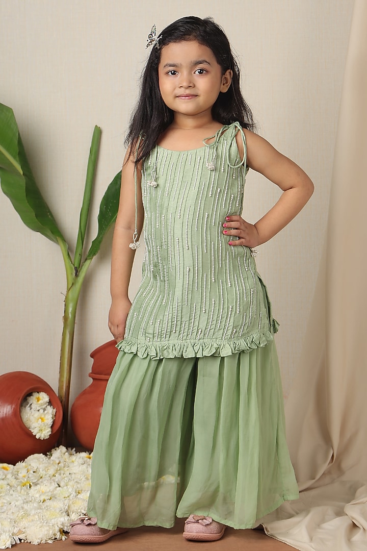 Turquoise Green Silk Hand Embroidered Kurta Set For Girls by Poochkie at Pernia's Pop Up Shop
