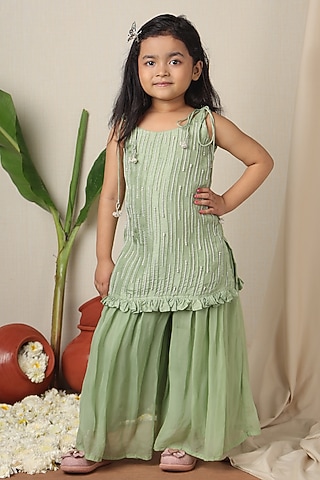 Turquoise Green Silk Hand Embroidered Kurta Set For Girls by Poochkie