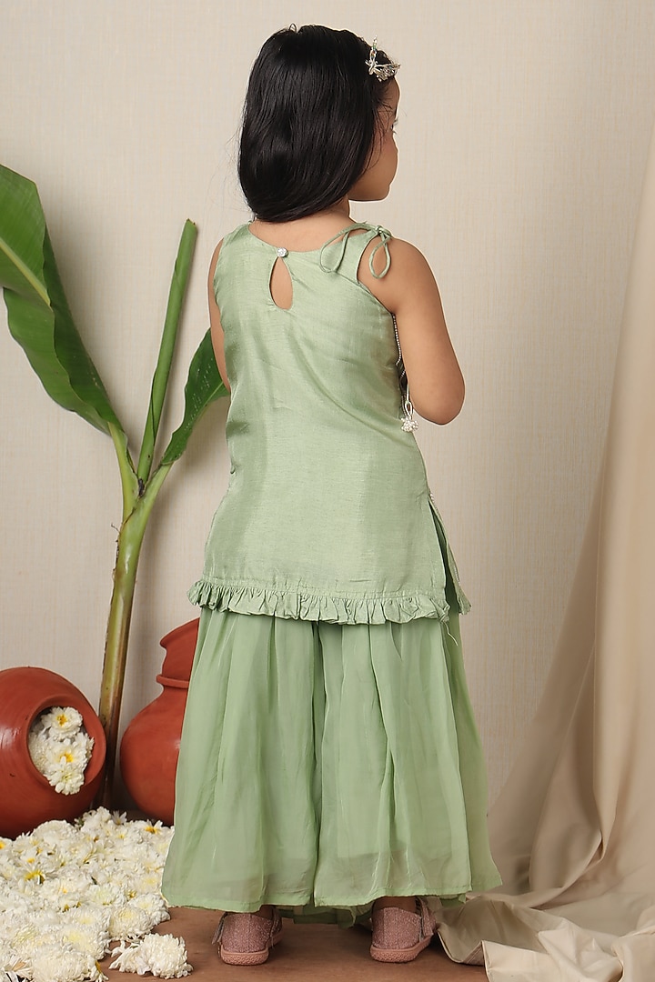 Turquoise Green Silk Hand Embroidered Kurta Set For Girls by Poochkie at Pernia's Pop Up Shop