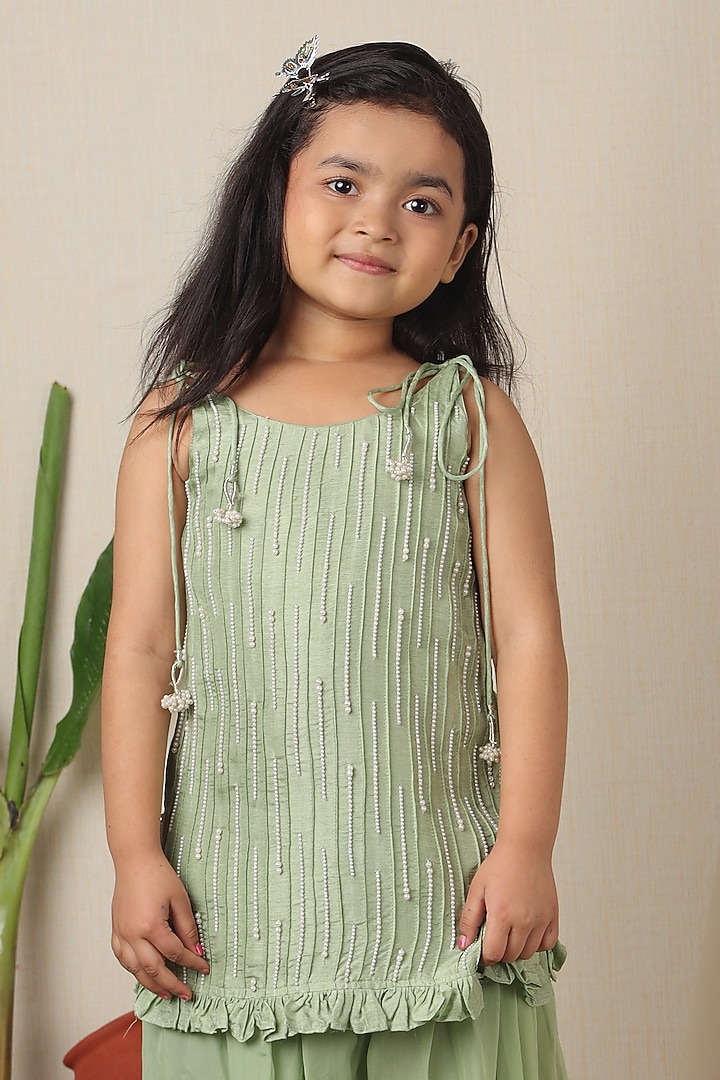 Turquoise Green Silk Hand Embroidered Kurta Set For Girls by Poochkie at Pernia's Pop Up Shop