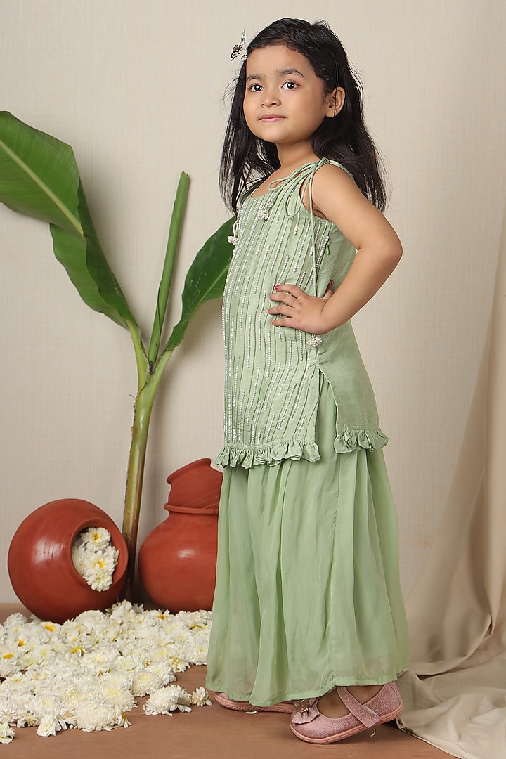 Turquoise Green Silk Hand Embroidered Kurta Set For Girls by Poochkie at Pernia's Pop Up Shop