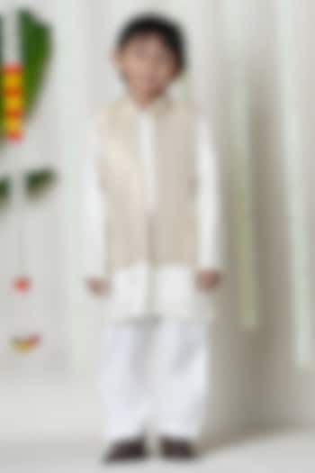 Beige Silk Thread Embroidered Jacket Set For Boys by Poochkie at Pernia's Pop Up Shop