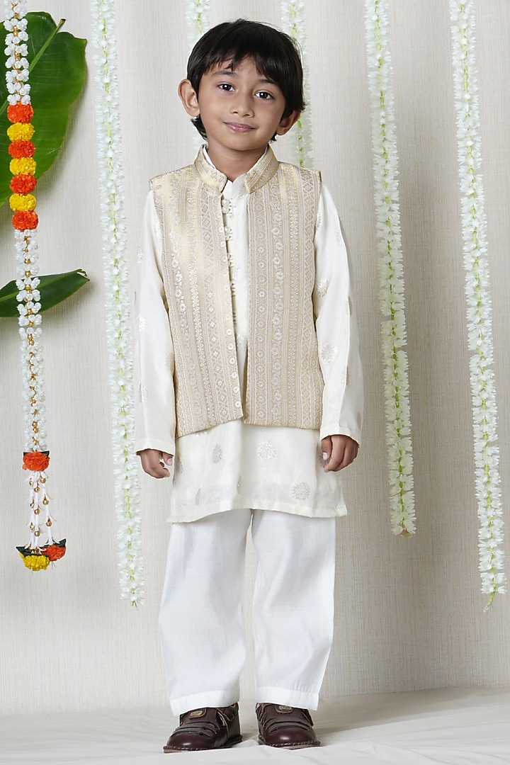 Beige Silk Thread Embroidered Jacket Set For Boys by Poochkie at Pernia's Pop Up Shop