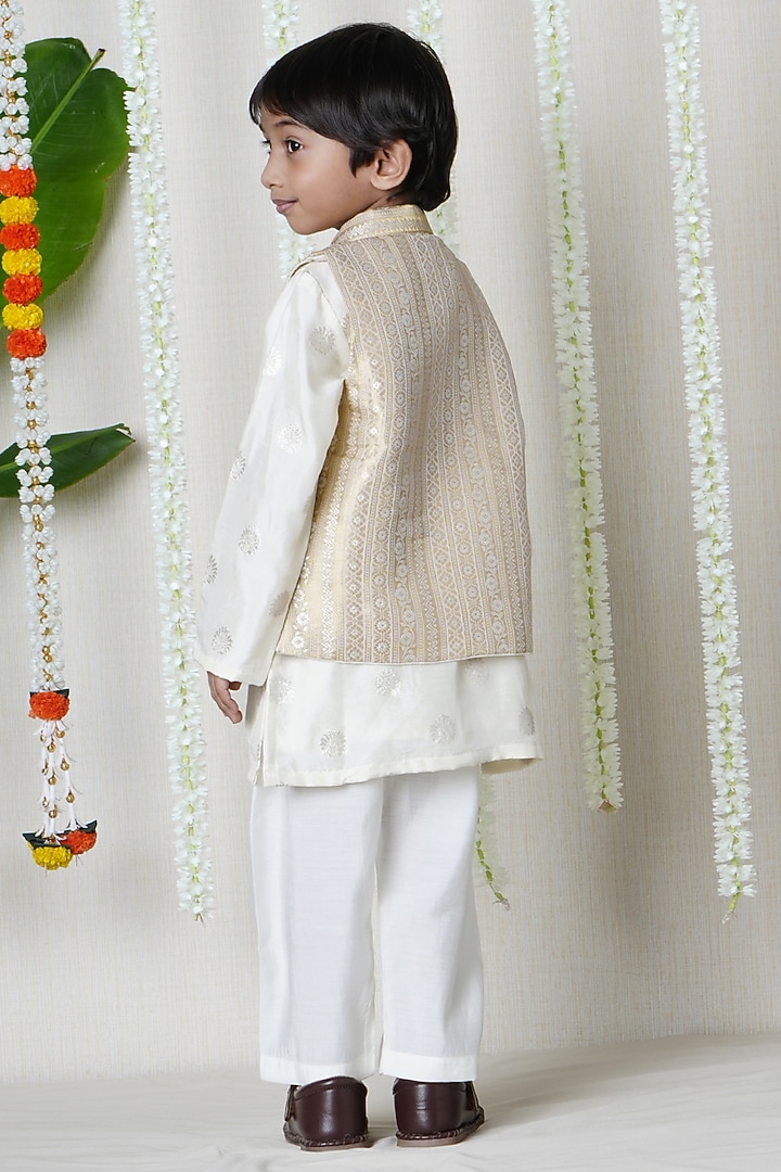 Beige Silk Thread Embroidered Jacket Set For Boys by Poochkie at Pernia's Pop Up Shop