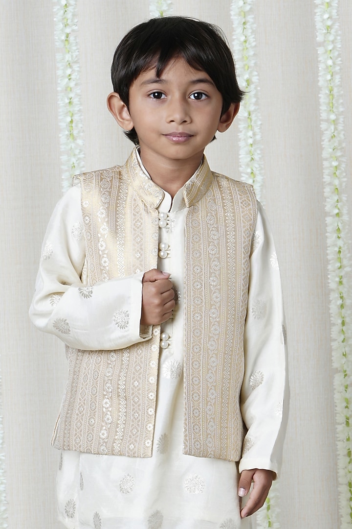 Beige Silk Thread Embroidered Jacket Set For Boys by Poochkie at Pernia's Pop Up Shop