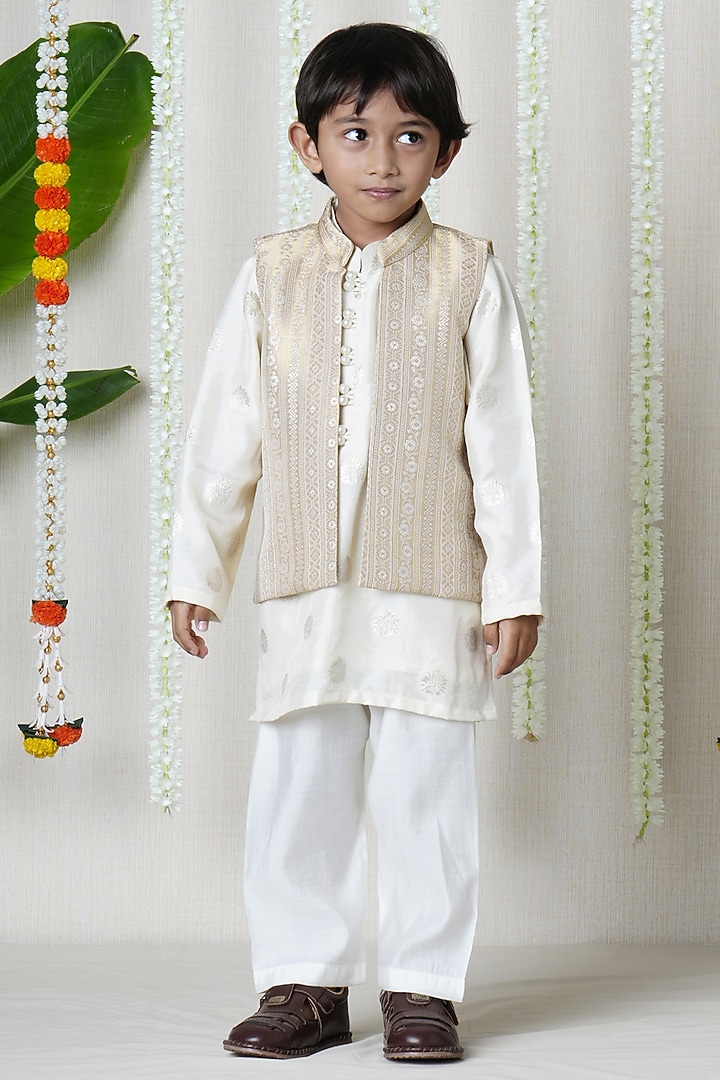 Beige Silk Thread Embroidered Jacket Set For Boys by Poochkie at Pernia's Pop Up Shop