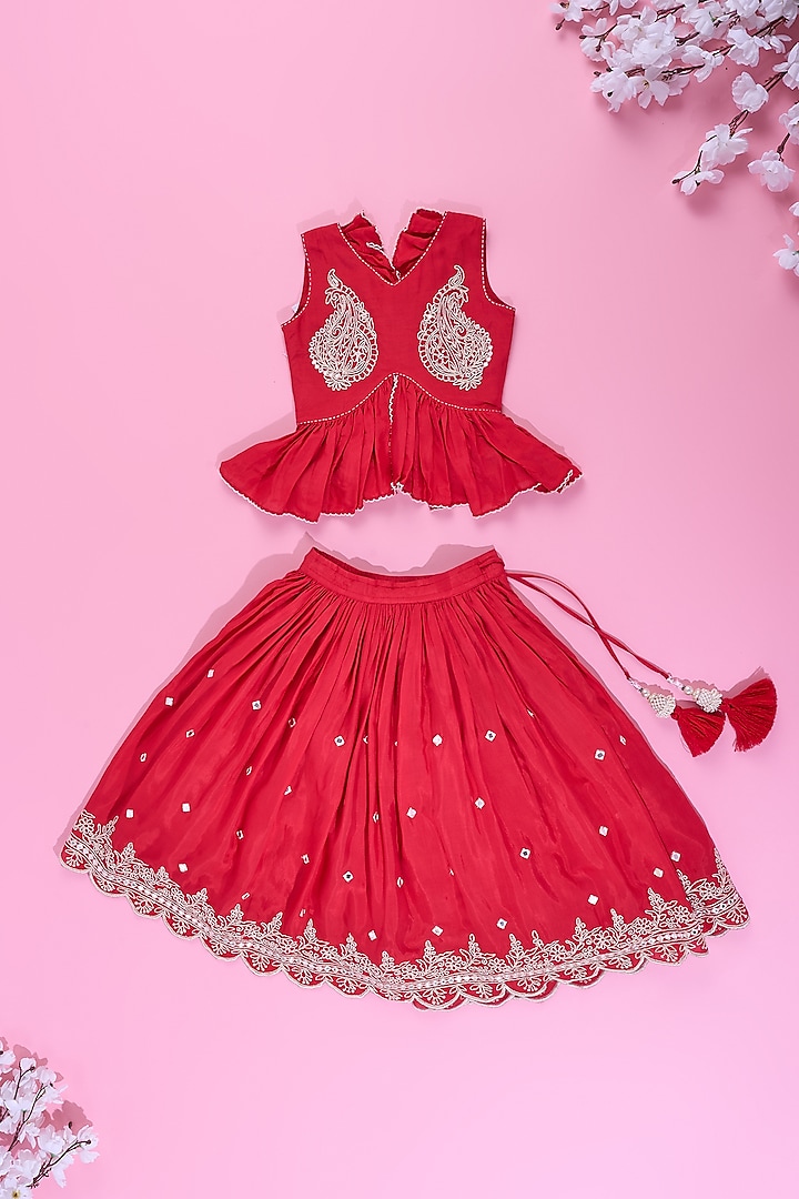 Red Viscose Muslin Abla Embroidered Lehenga Set For Girls by Poochkie at Pernia's Pop Up Shop