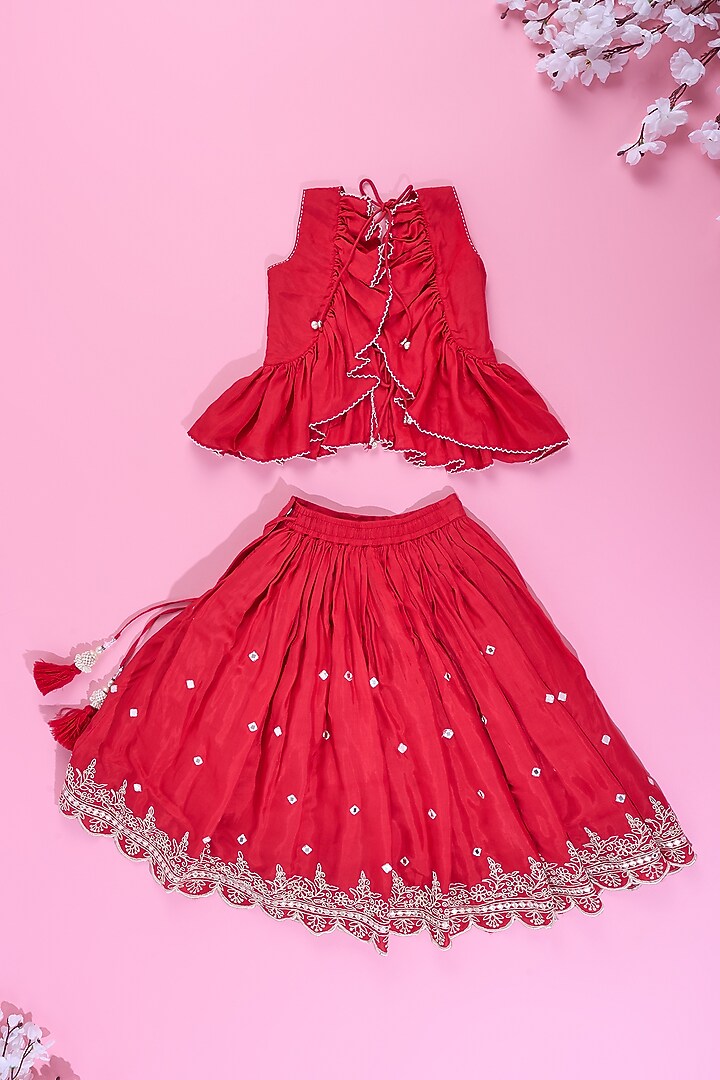 Red Viscose Muslin Abla Embroidered Lehenga Set For Girls by Poochkie at Pernia's Pop Up Shop