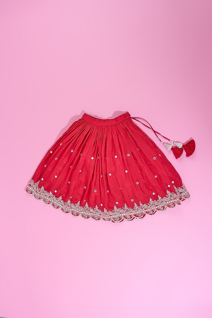 Red Viscose Muslin Abla Embroidered Lehenga Set For Girls by Poochkie at Pernia's Pop Up Shop