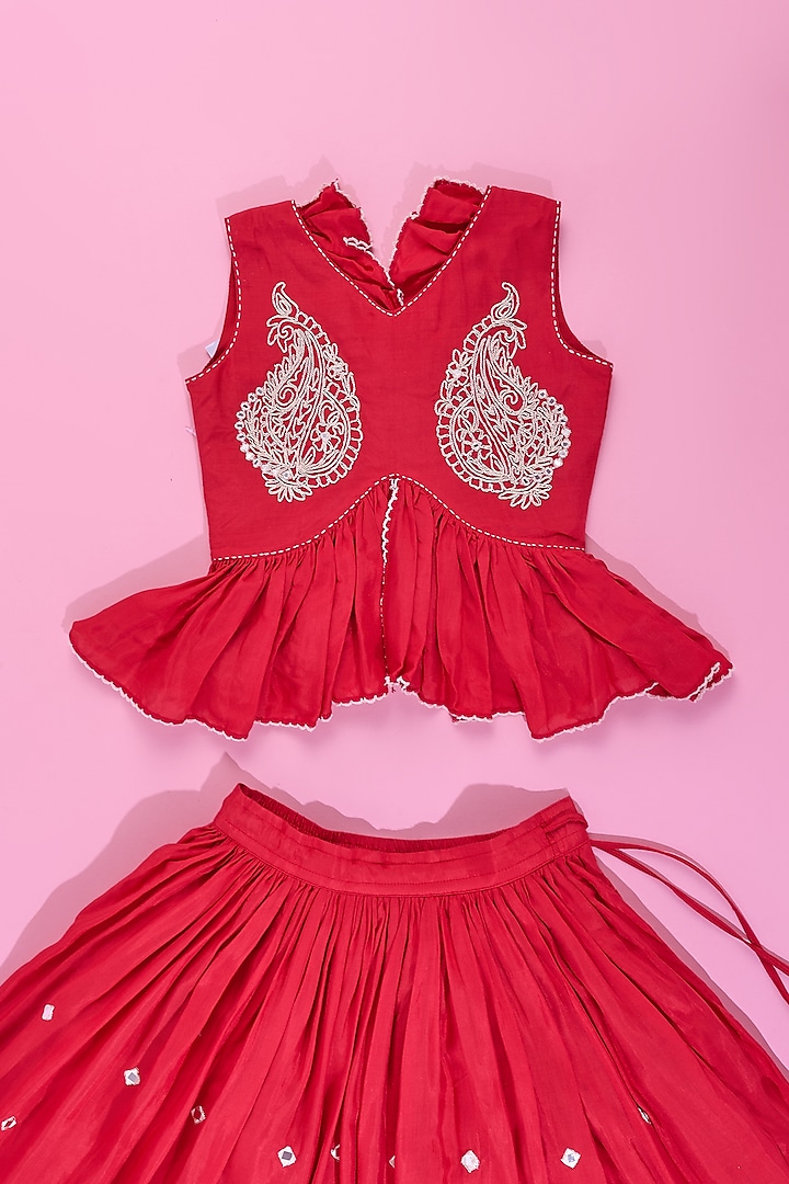 Red Viscose Muslin Abla Embroidered Lehenga Set For Girls by Poochkie at Pernia's Pop Up Shop
