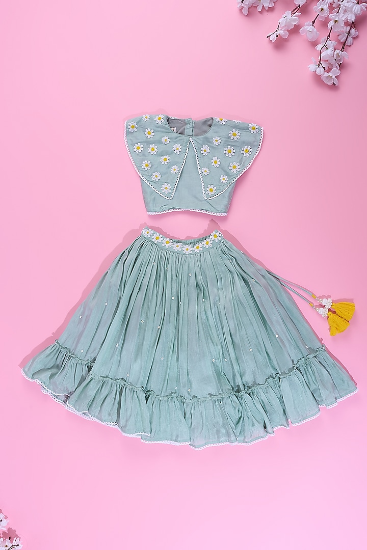 Powder Blue Viscose Silk Frilled Lehenga Set For Girls by Poochkie at Pernia's Pop Up Shop